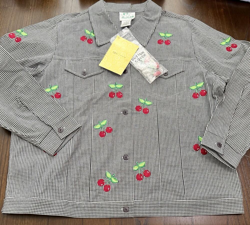 NEW Quacker Factory Jacket Women 1X Cherry Embroidered Black Check Button Up Vtg